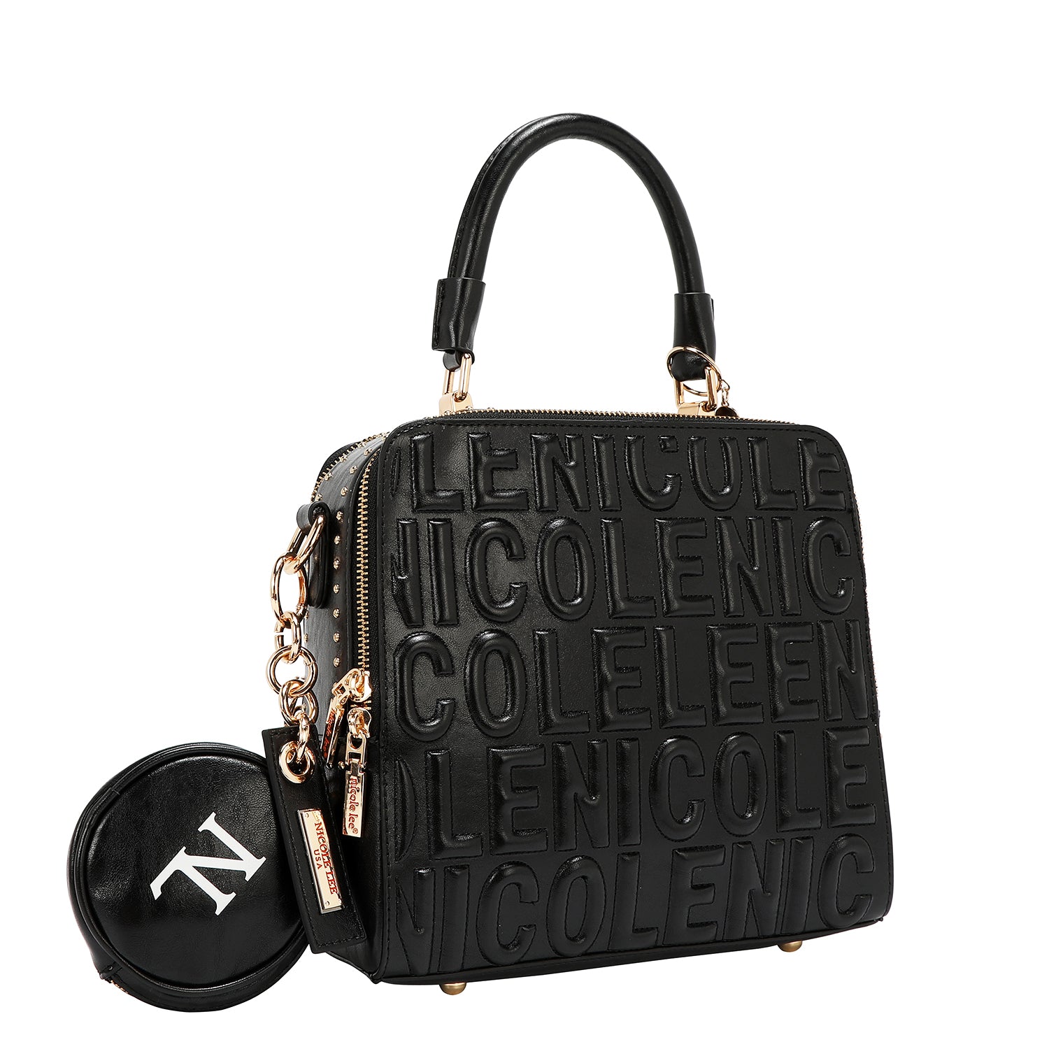 BOLSO DE MANO CUADRADO CON LOGOTIPO EN RELIEVE (NEGRO)