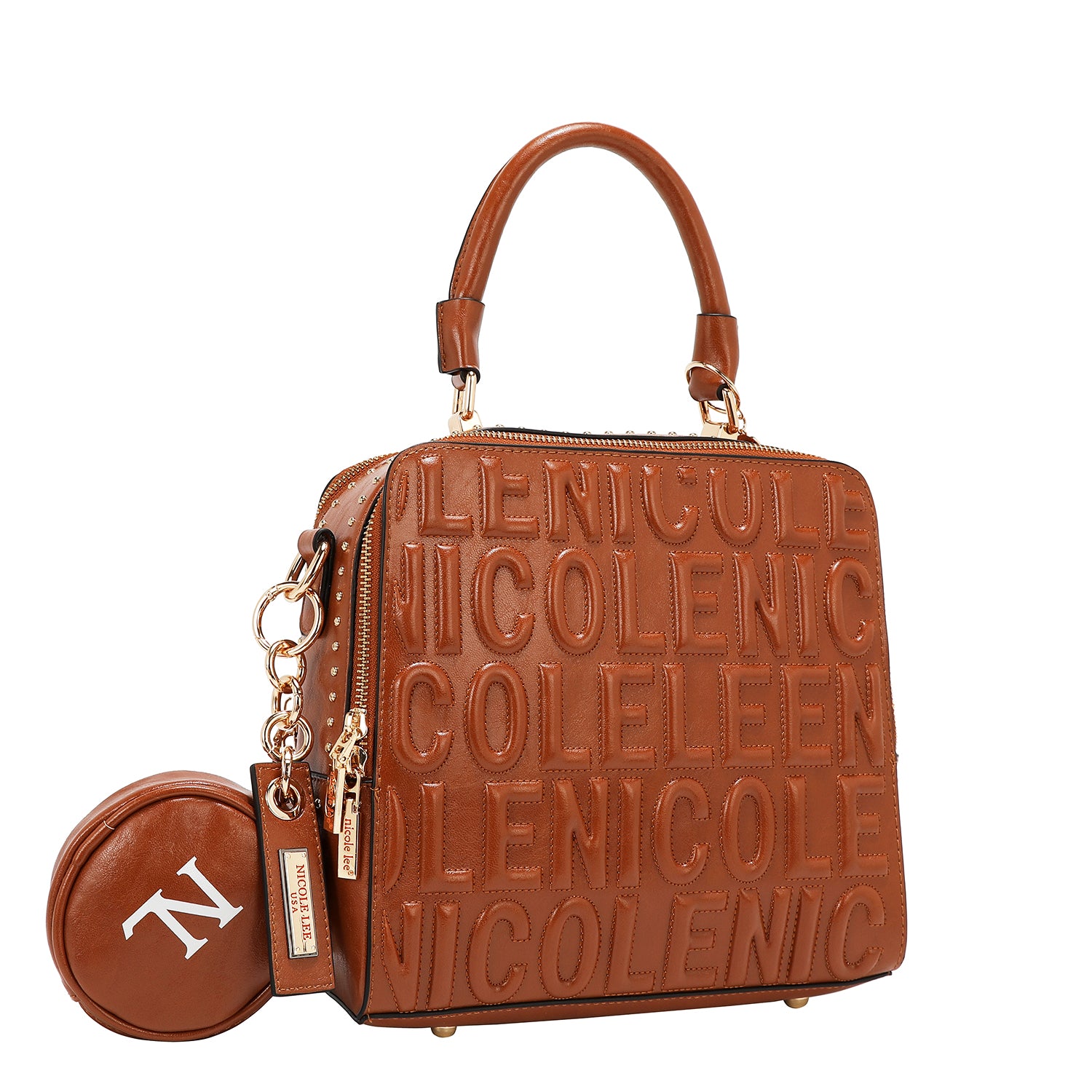 BOLSO DE MANO CUADRADO CON LOGOTIPO EN RELIEVE (MARRON)
