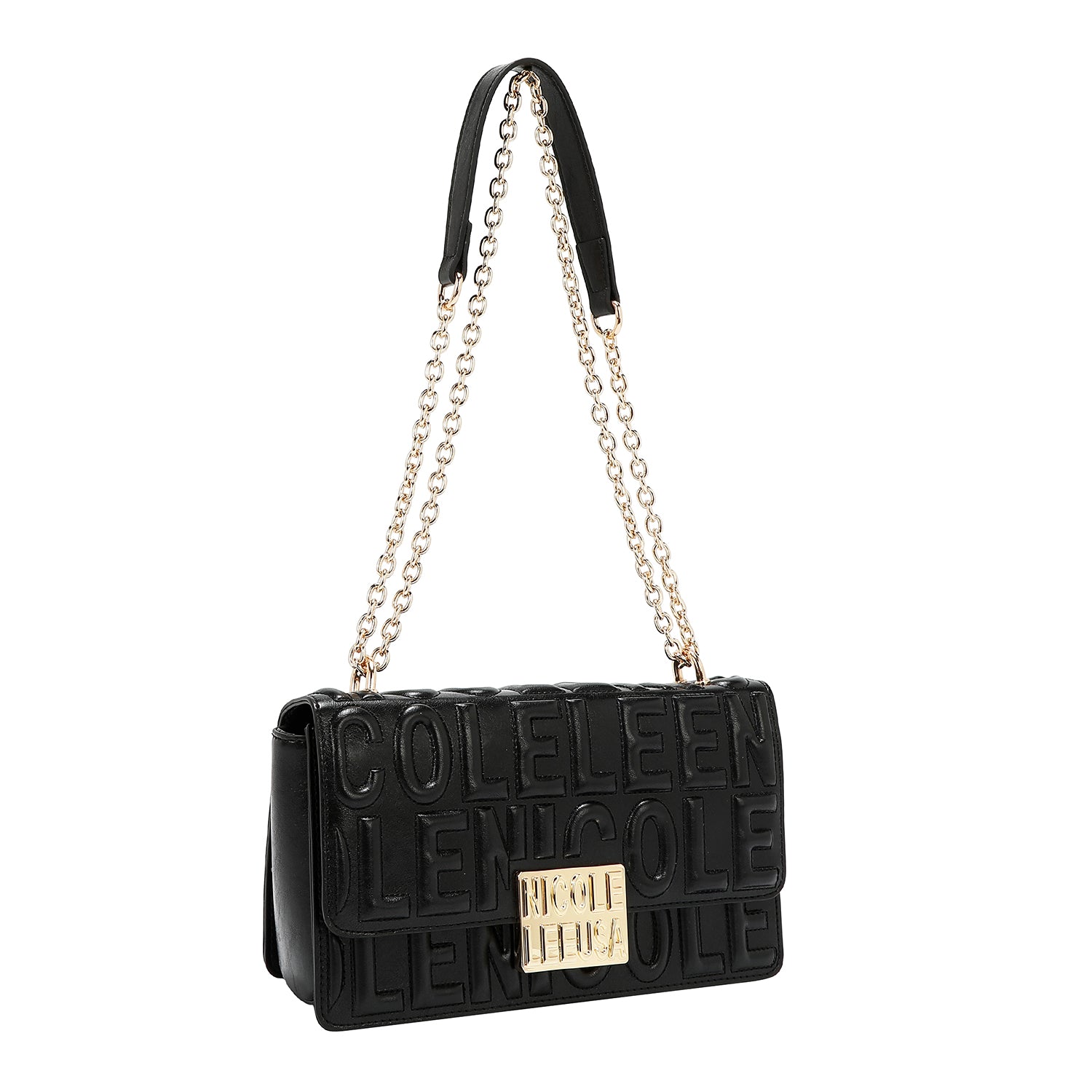 BOLSO DE HOMBRO CON CADENA Y LOGO EN RELIEVE (NEGRO)
