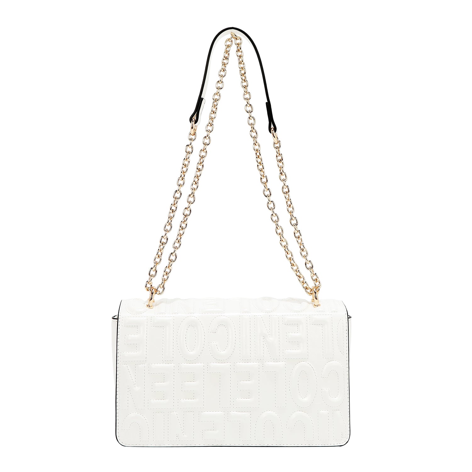 BOLSO DE HOMBRO CON CADENA Y LOGO EN RELIEVE (BLANCO)