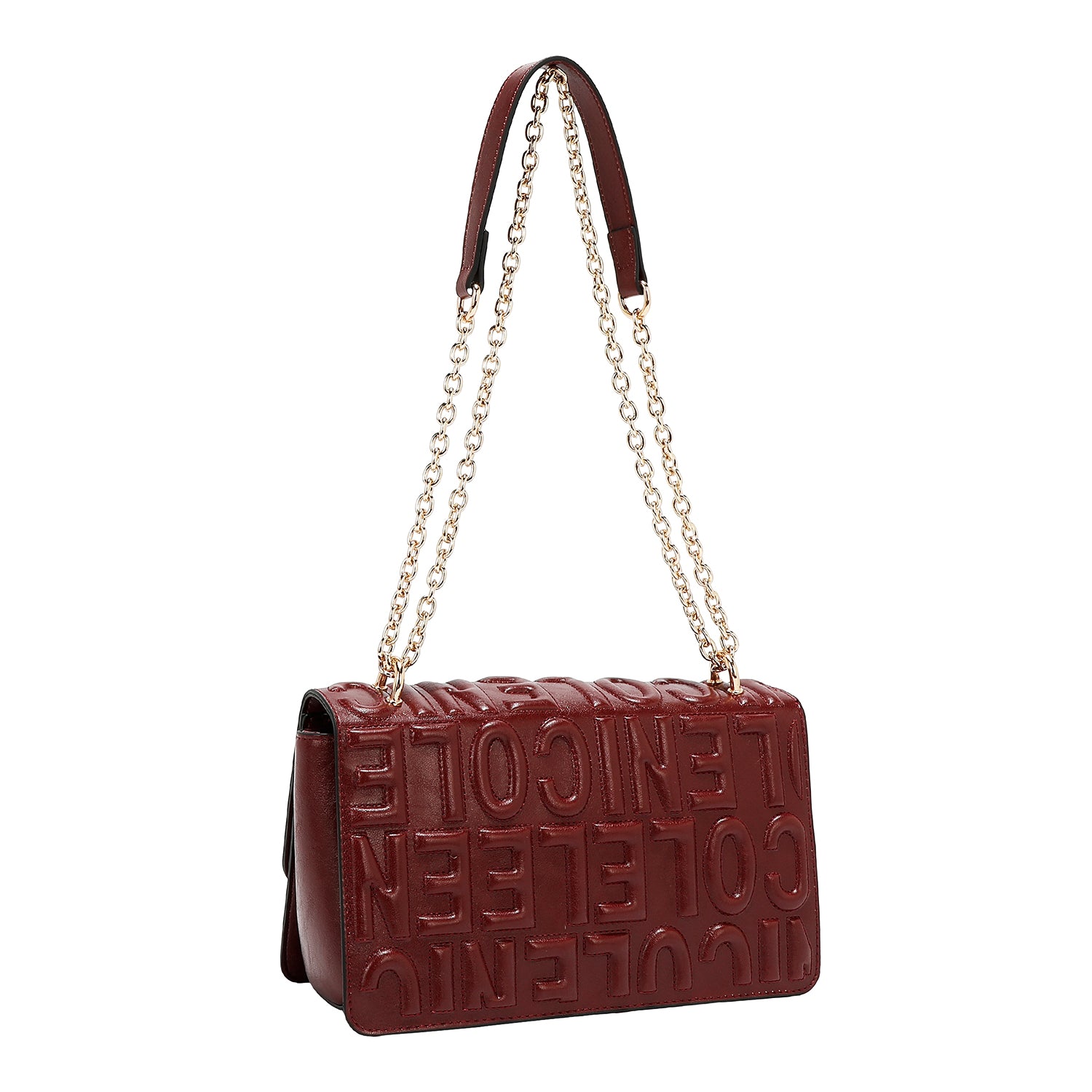 BOLSO DE HOMBRO CON CADENA Y LOGO EN RELIEVE (VINO)