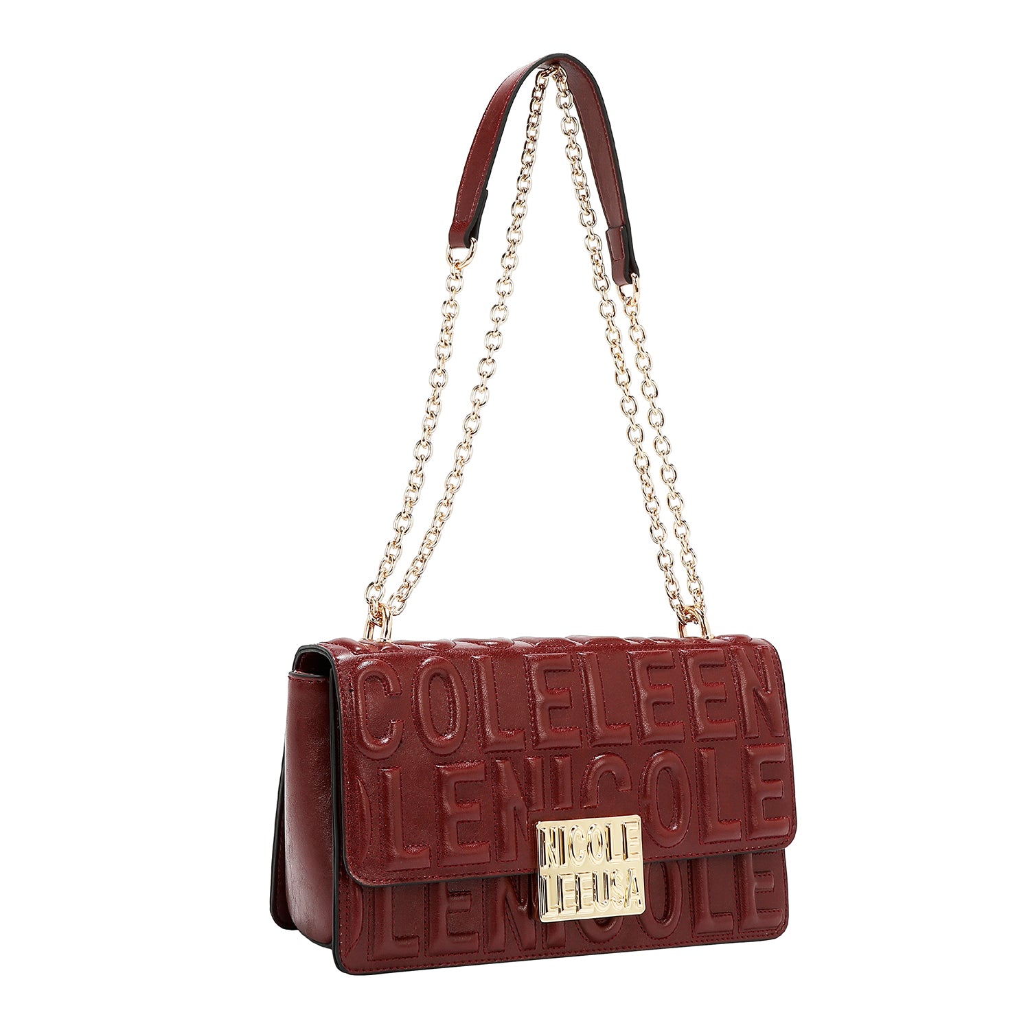 BOLSO DE HOMBRO CON CADENA Y LOGO EN RELIEVE (VINO)