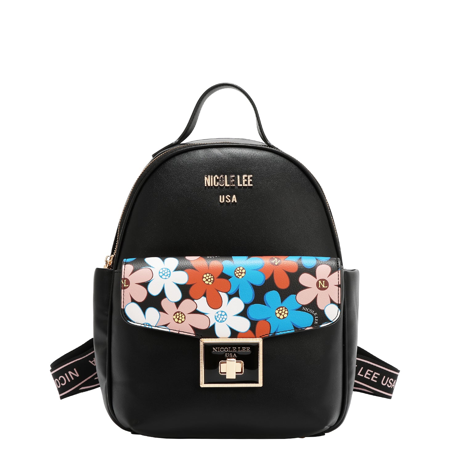 MOCHILA CON SOLAPA POP FLORAL (NEGRO)