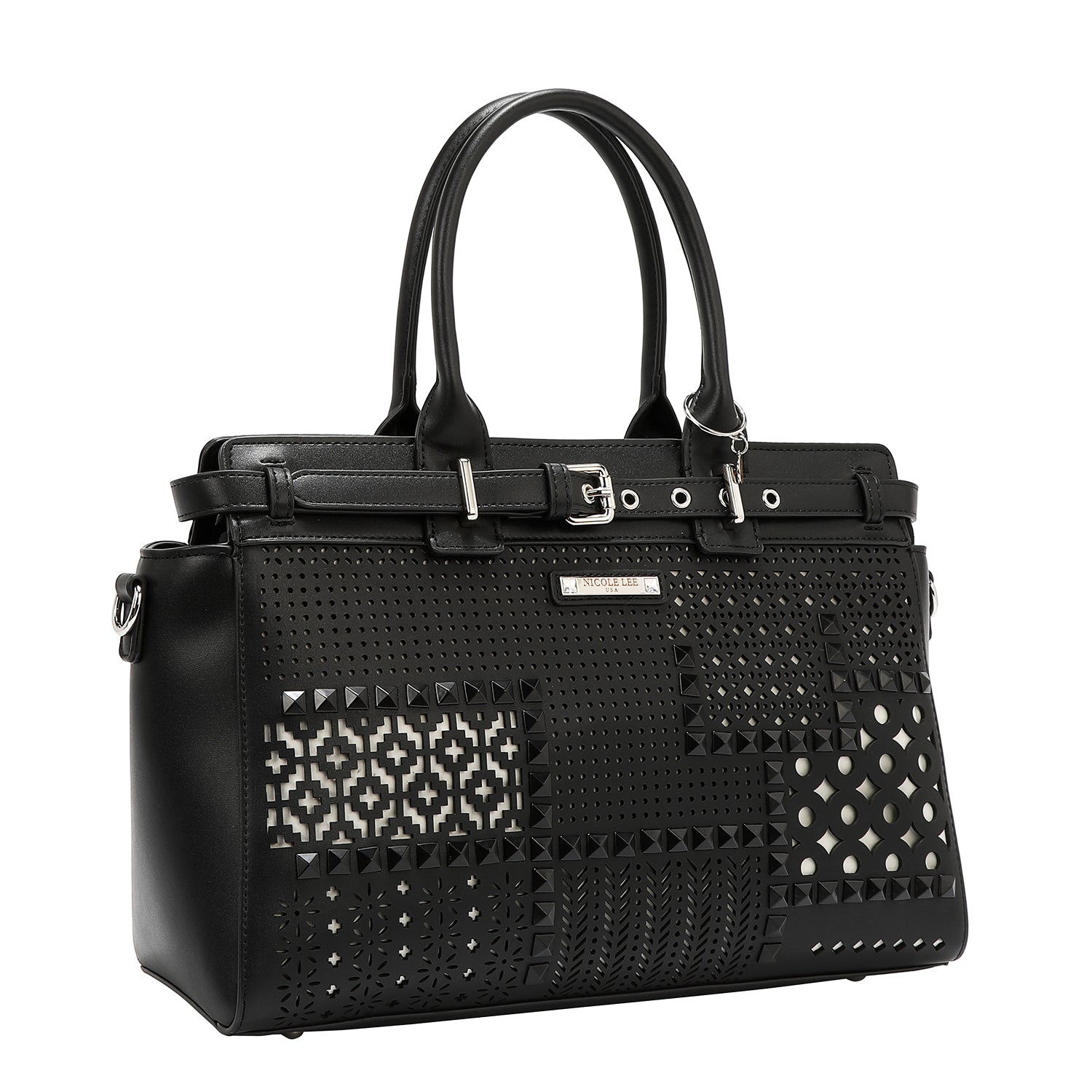 BOLSO SATCHEL CON RECORTES GEOMÉTRICOS (NEGRO)