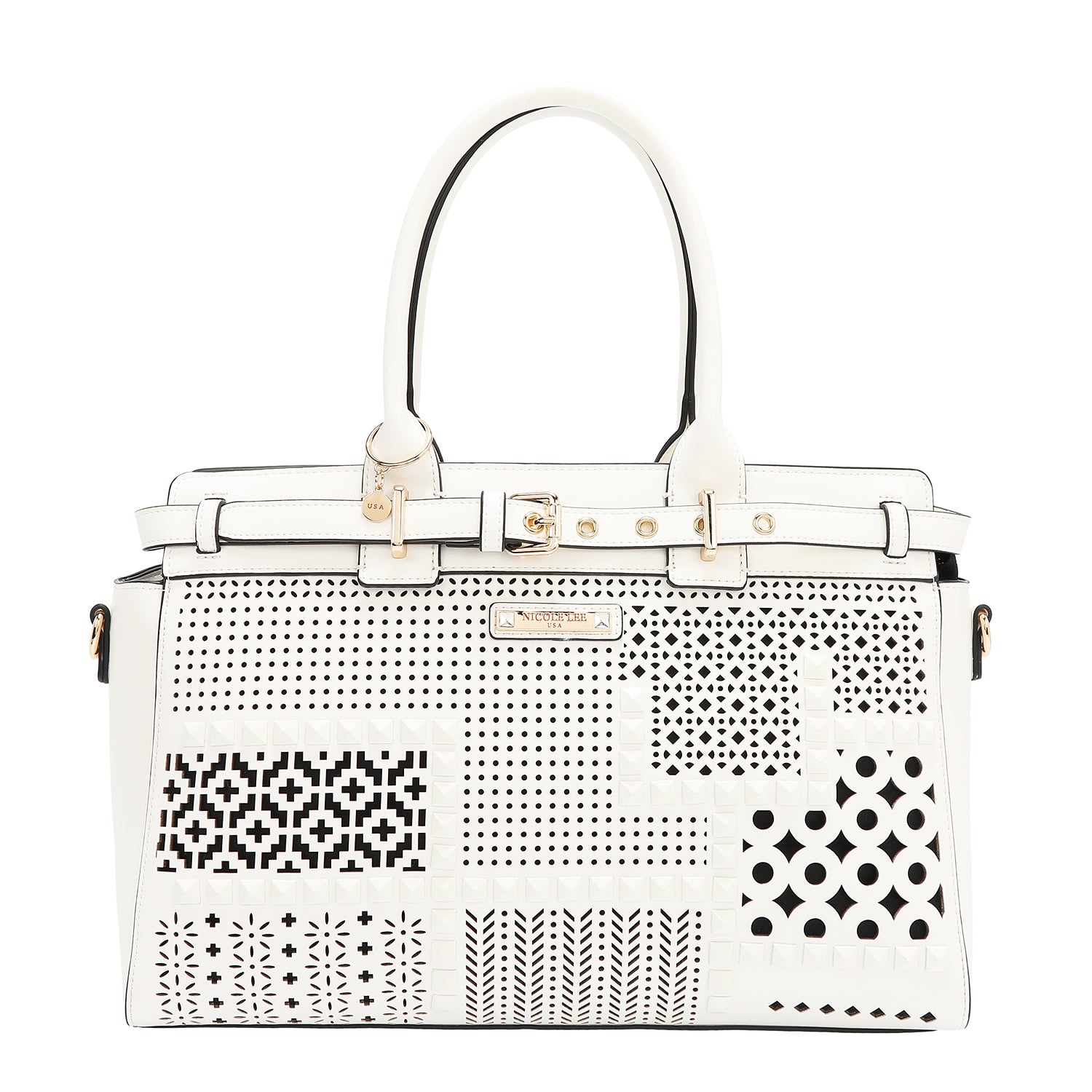 BOLSO SATCHEL CON RECORTES GEOMÉTRICOS (BLANCO)