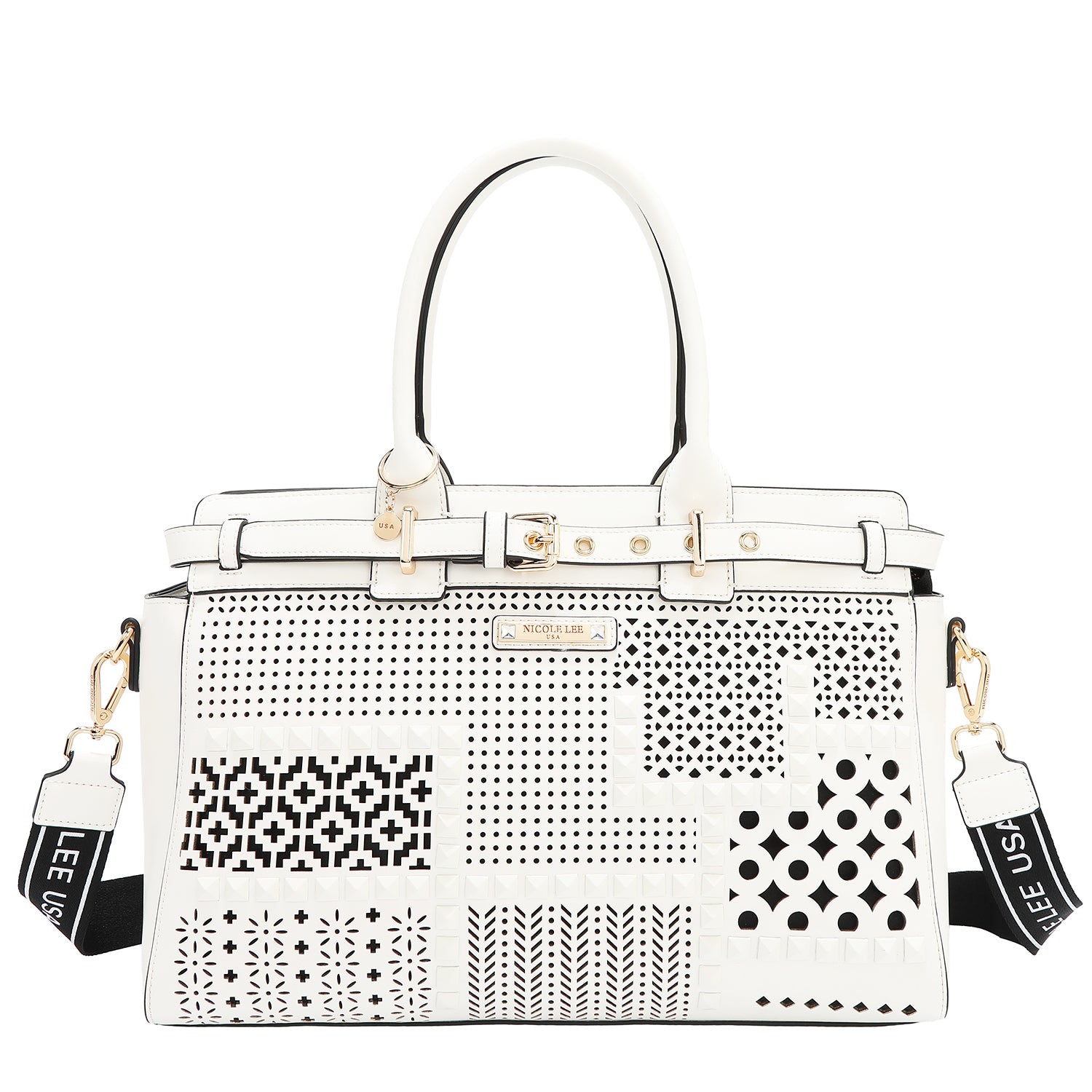 BOLSO SATCHEL CON RECORTES GEOMÉTRICOS (BLANCO)