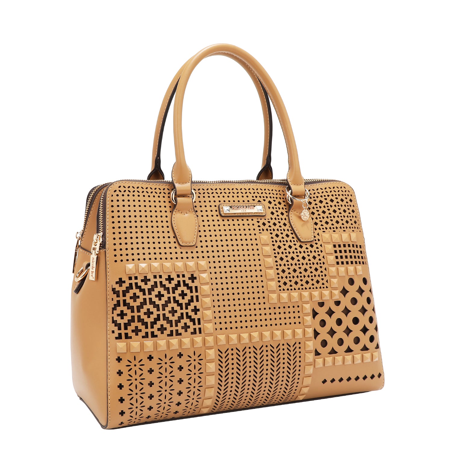 BOLSO DE MANO CON RECORTES GEOMÉTRICOS (ARENA)