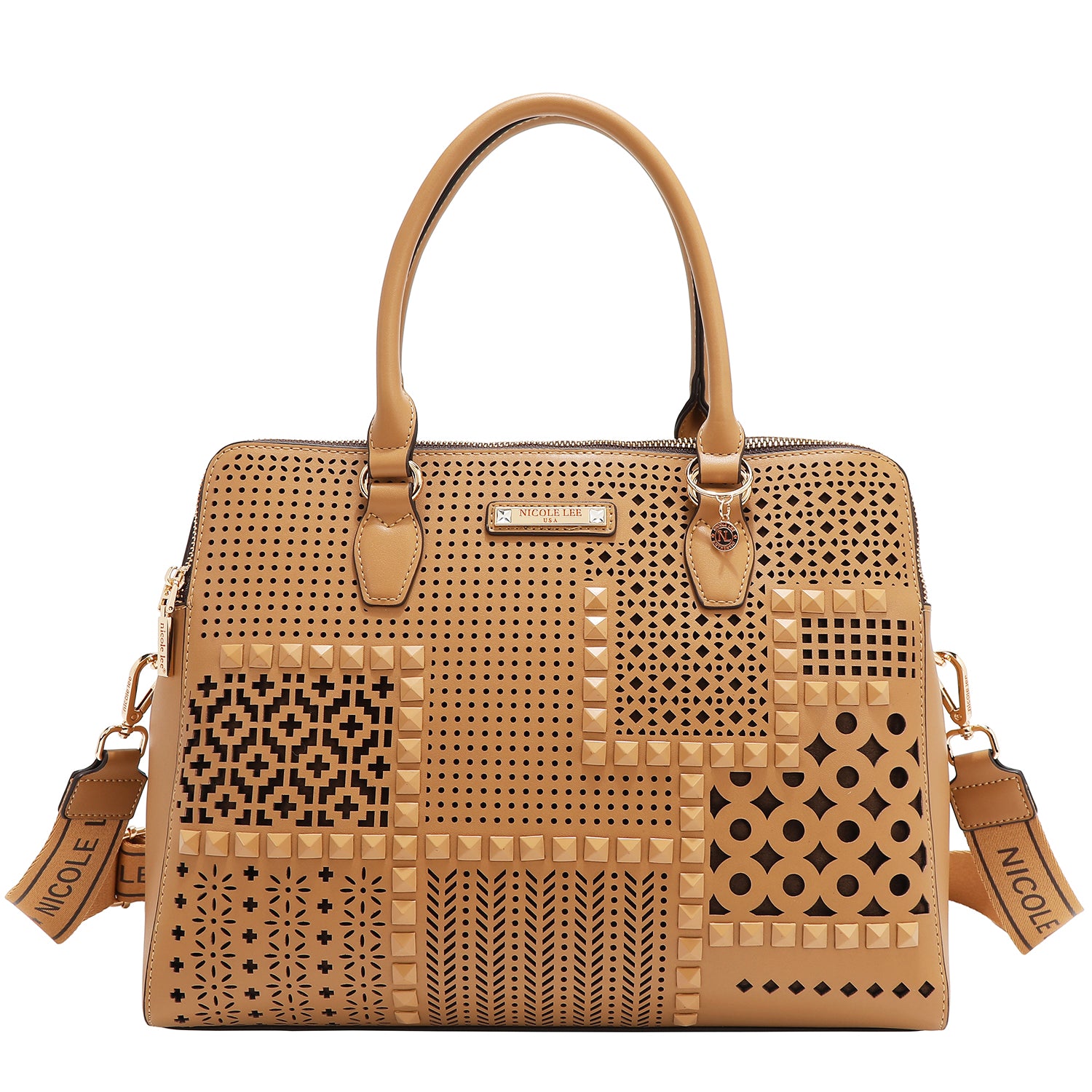 BOLSO DE MANO CON RECORTES GEOMÉTRICOS (ARENA)