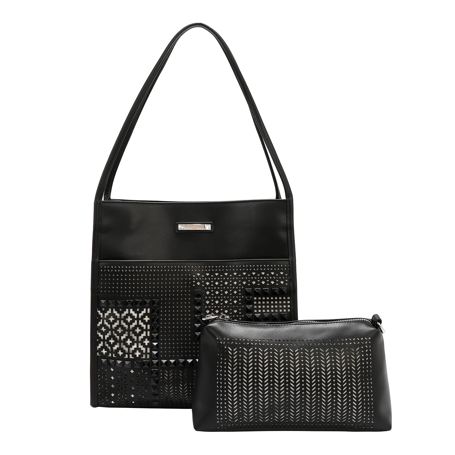 BOLSA DE DOS PIEZAS CON RECORTE GEOMÉTRICO (NEGRO)