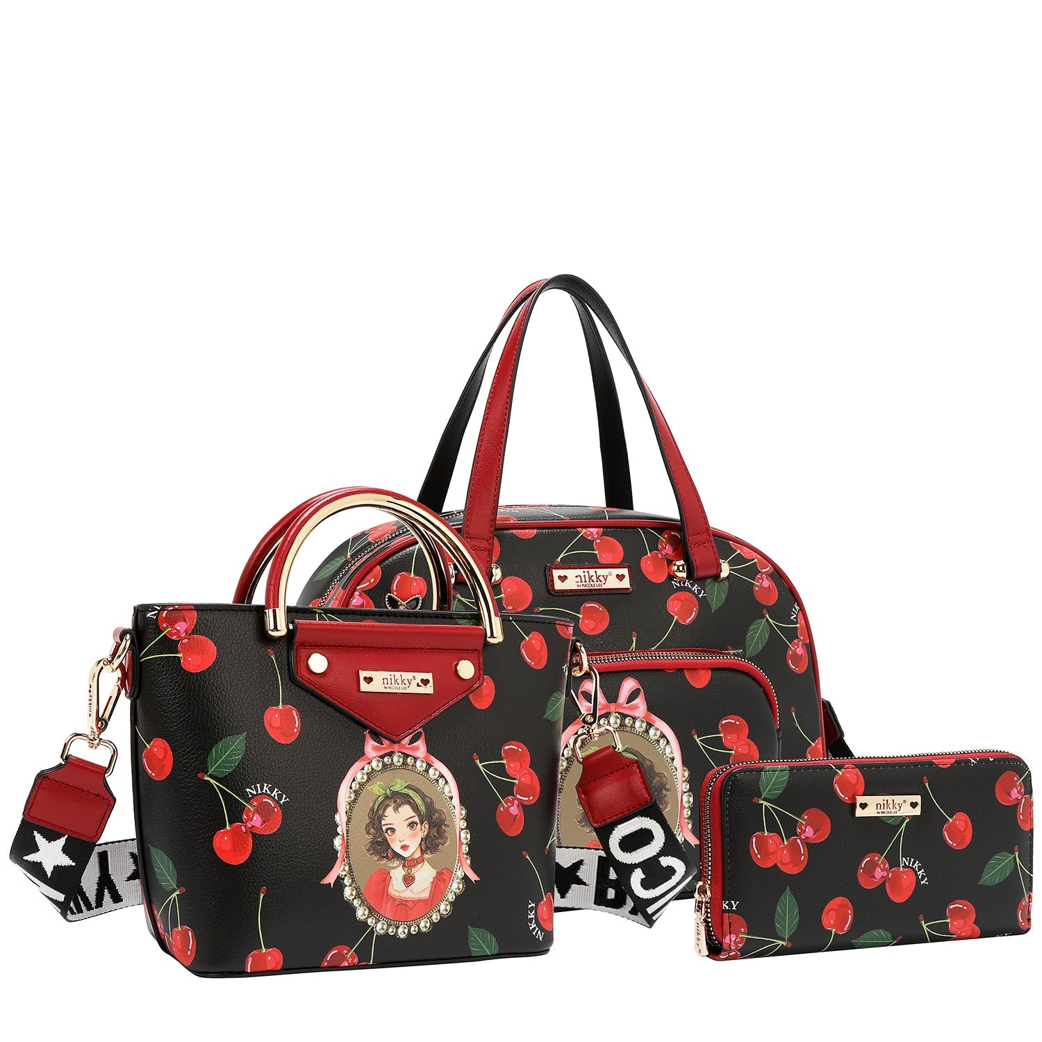 ENSEMBLE 3 PIÈCES (SAC À MAIN, SAC À BANDOULIÈRE, PORTEFEUILLE) (<tc>CHERRY LIPS</tc>-NOIR)