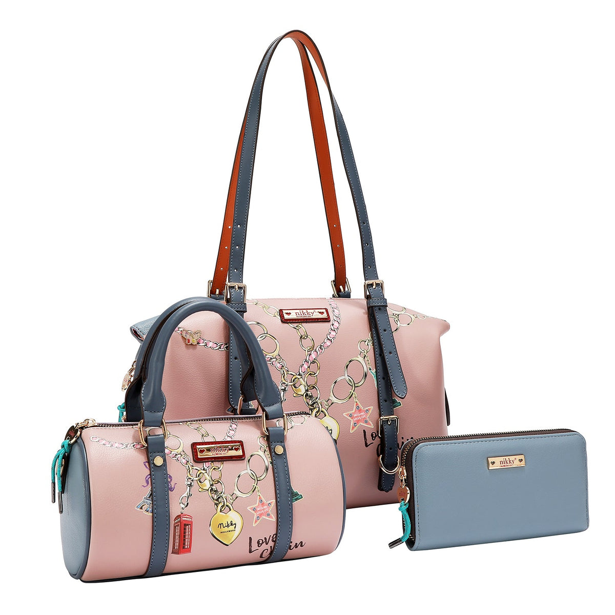 CONJUNTO DE 3 PIEZAS (BOLSO SATCHEL, BANDOLERA, CARTERA) (LOVE CHAIN)