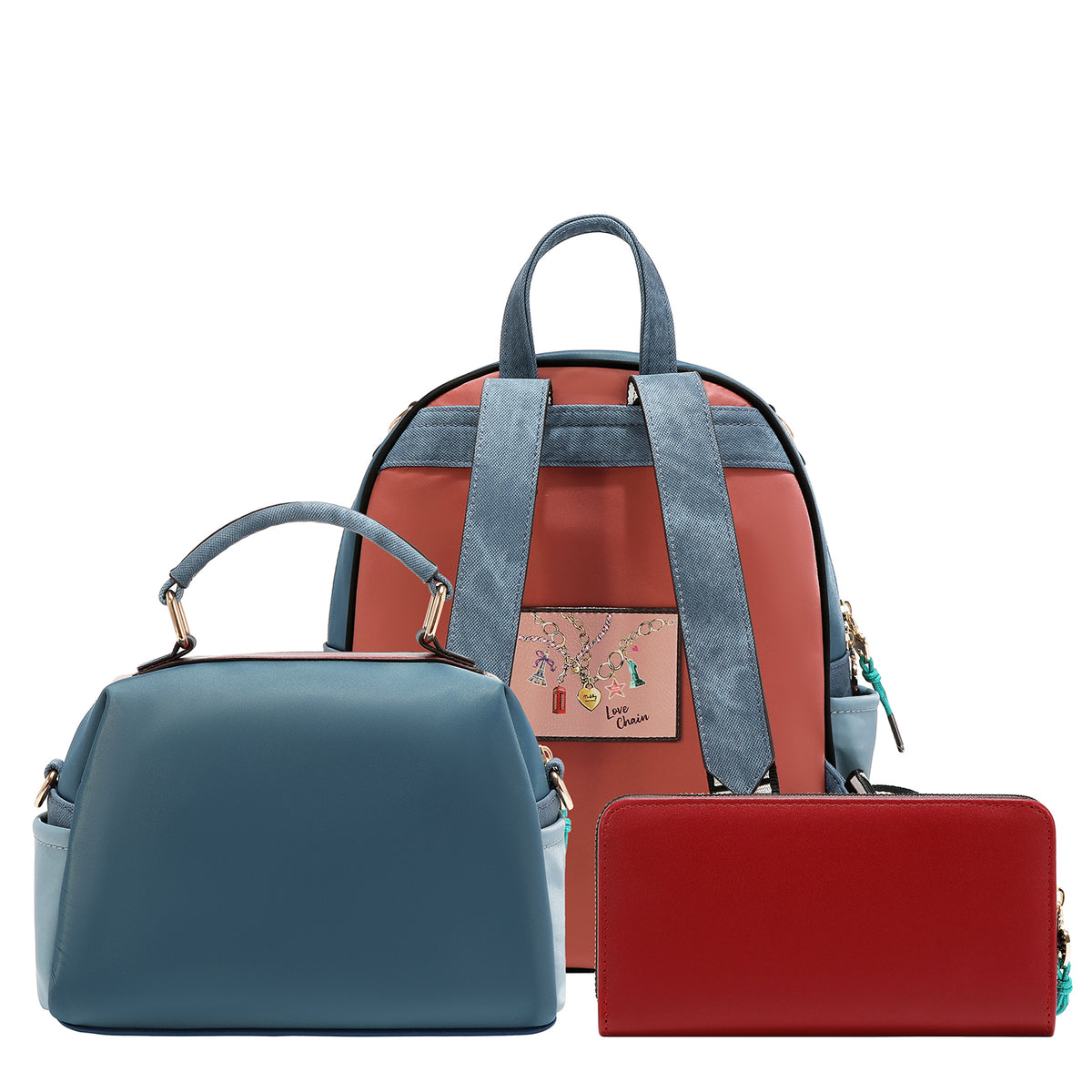 CONJUNTO 3 PIEZAS (MOCHILA, BANDOLERA, CARTERA) (LOVE CHAIN)