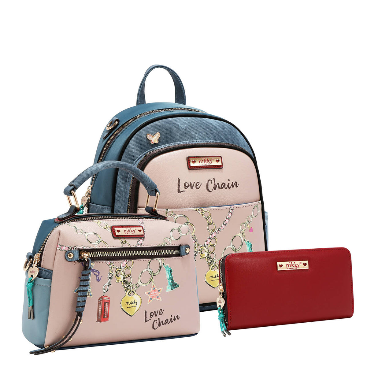 CONJUNTO 3 PIEZAS (MOCHILA, BANDOLERA, CARTERA) (LOVE CHAIN)