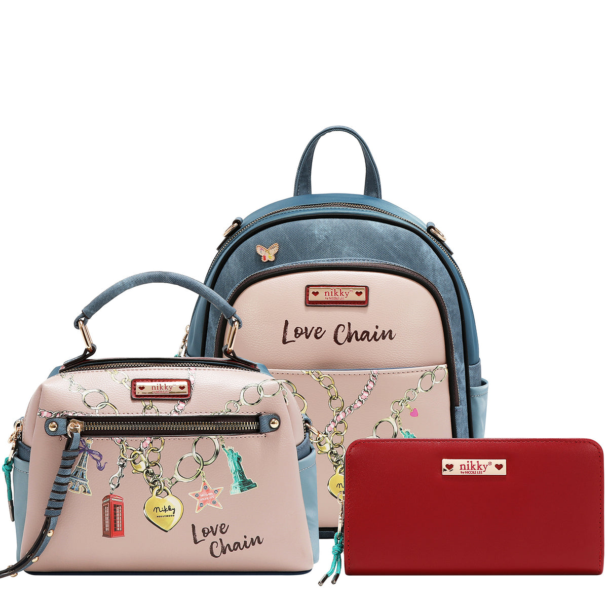 CONJUNTO 3 PIEZAS (MOCHILA, BANDOLERA, CARTERA) (LOVE CHAIN)