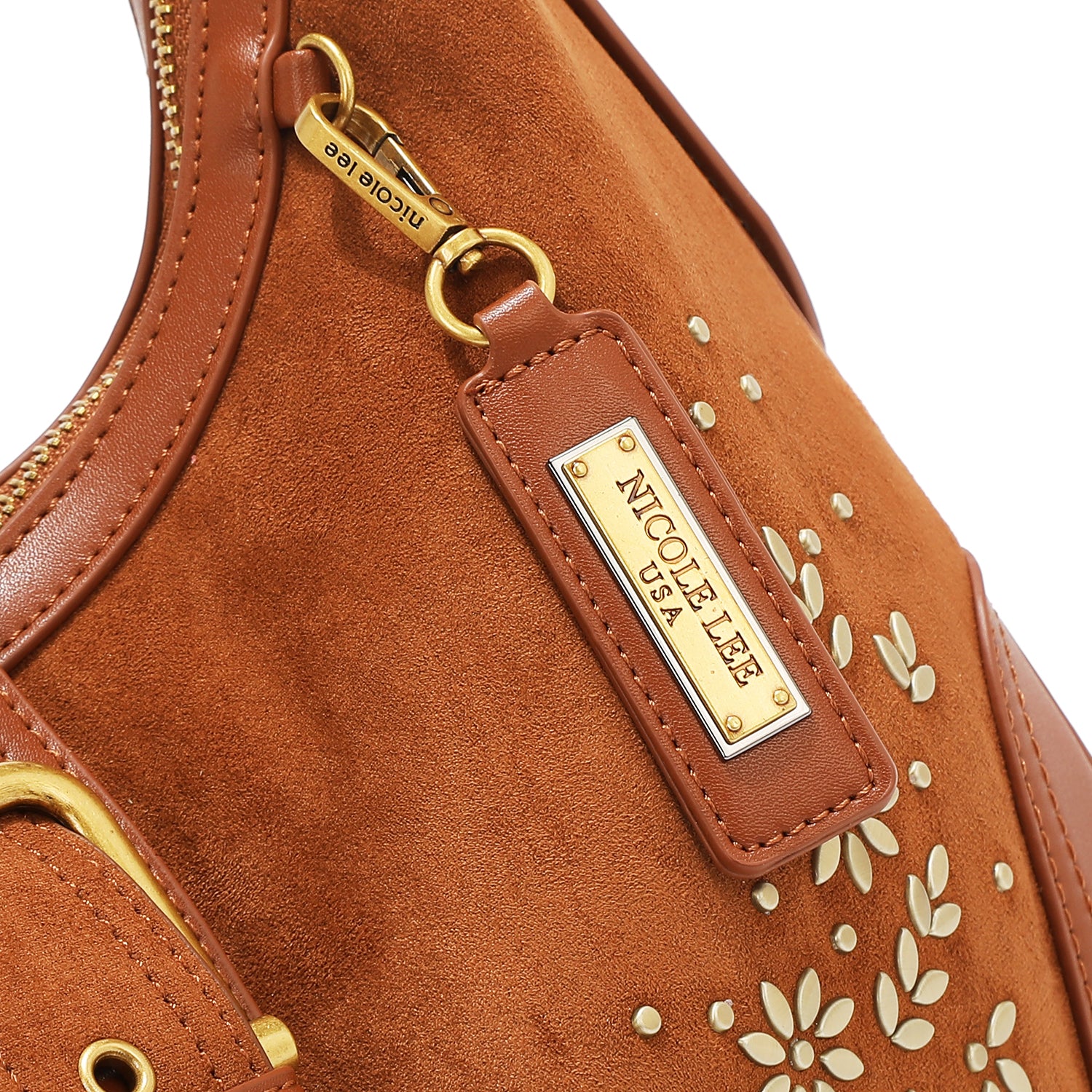 BOLSA DE OMBRO COM DESENHO FLORAL EM FORMA DE MEIA LUA (MARROM)