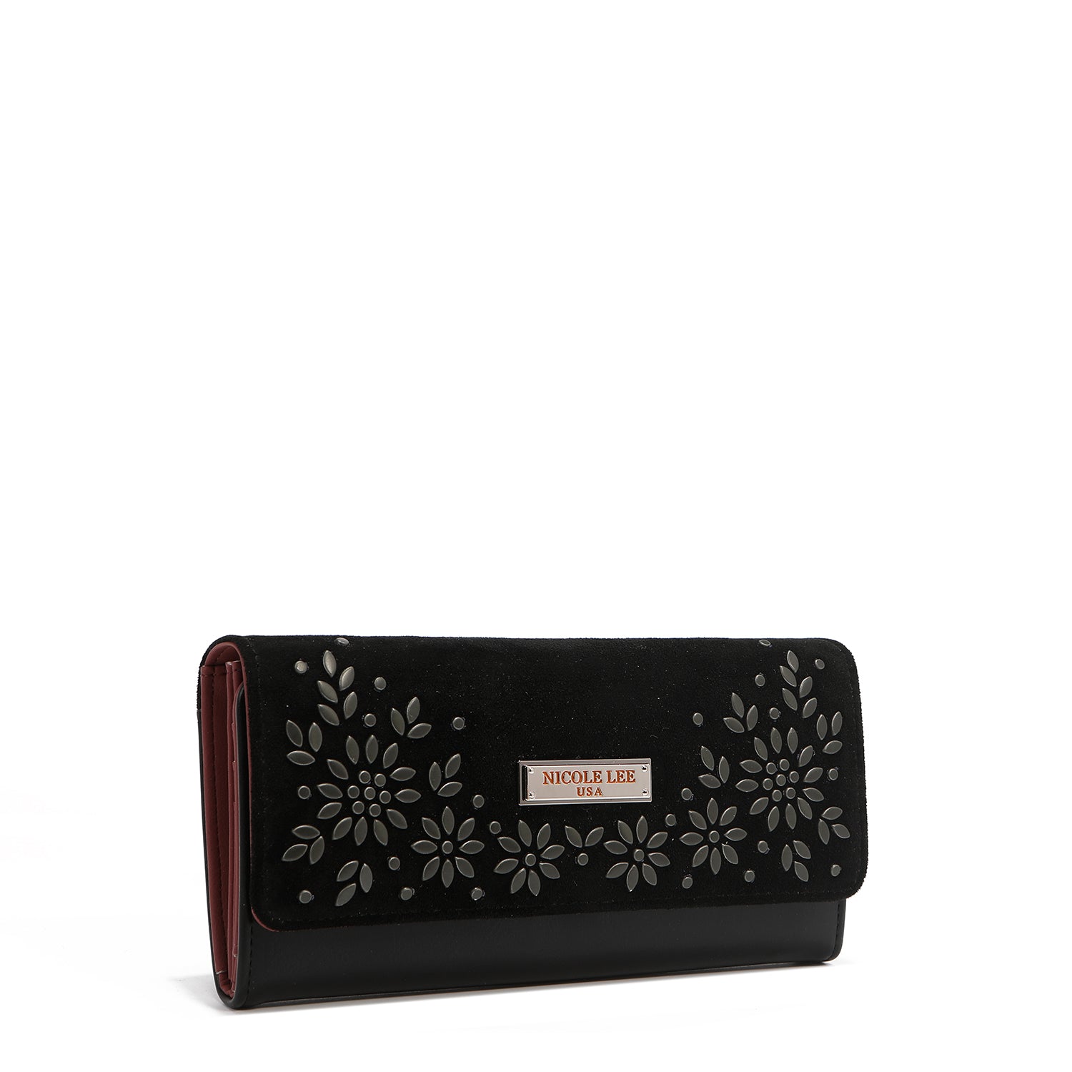 LONG TRIPLE WALLET WITH FLORAL DESIGN (BLACK)