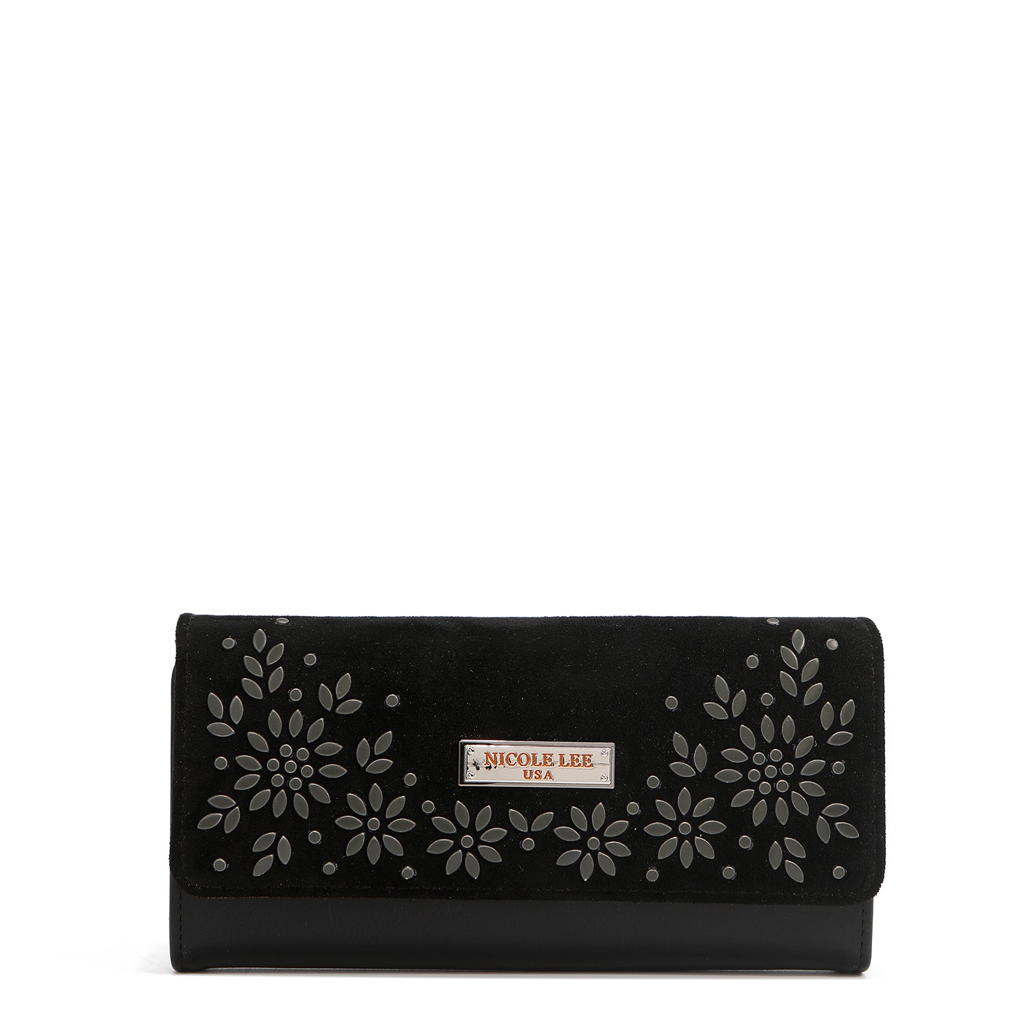 LONG TRIPLE WALLET WITH FLORAL DESIGN (BLACK)