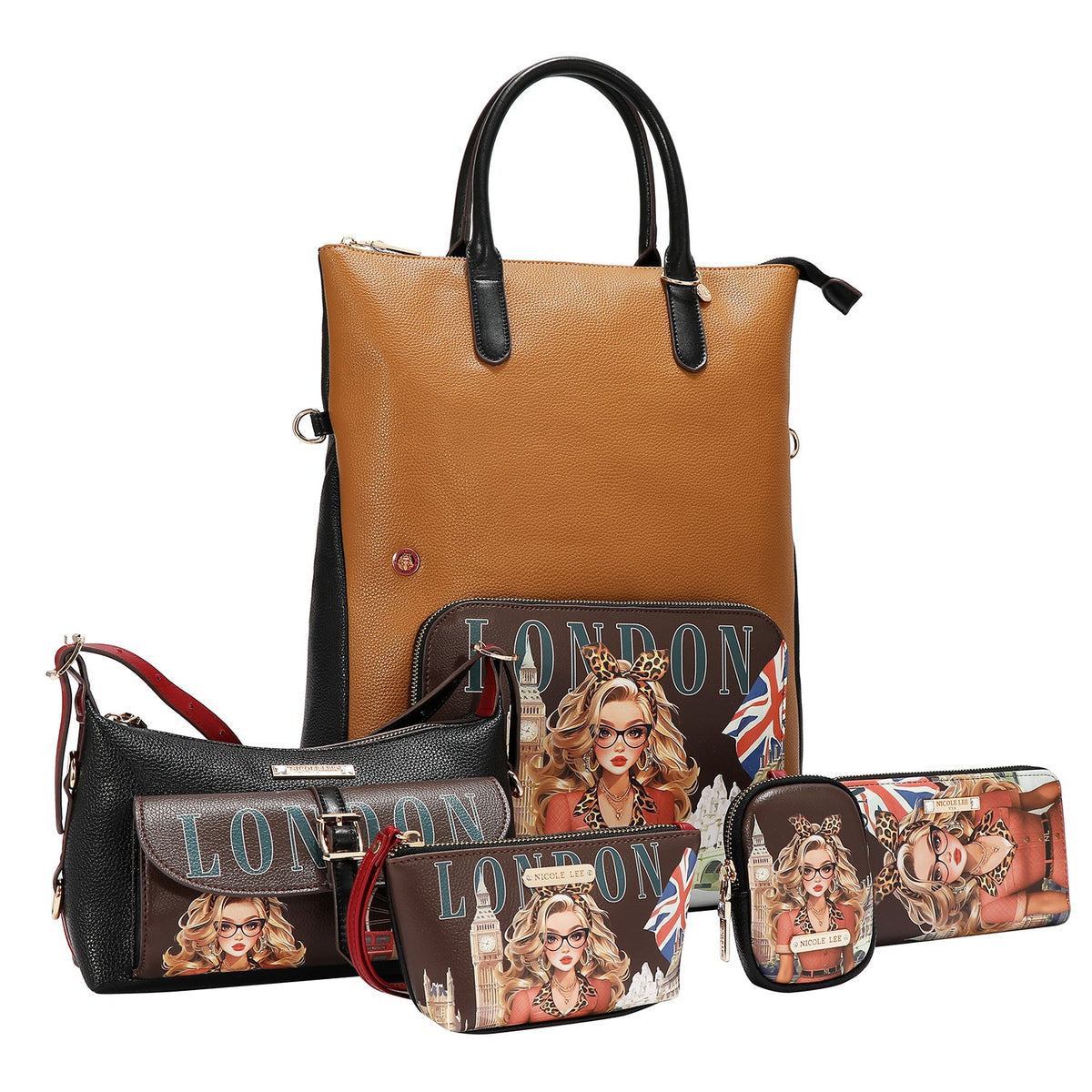 SET OF 5 PIECES (BACKPACK, SHOULDER BAG, NEEDLE BAG, PURSE AND CARD HOLDER) (LONDON EYE BROWN)