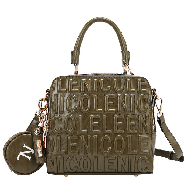 BOLSO DE MANO CUADRADO CON LOGOTIPO EN RELIEVE (OLIVA)