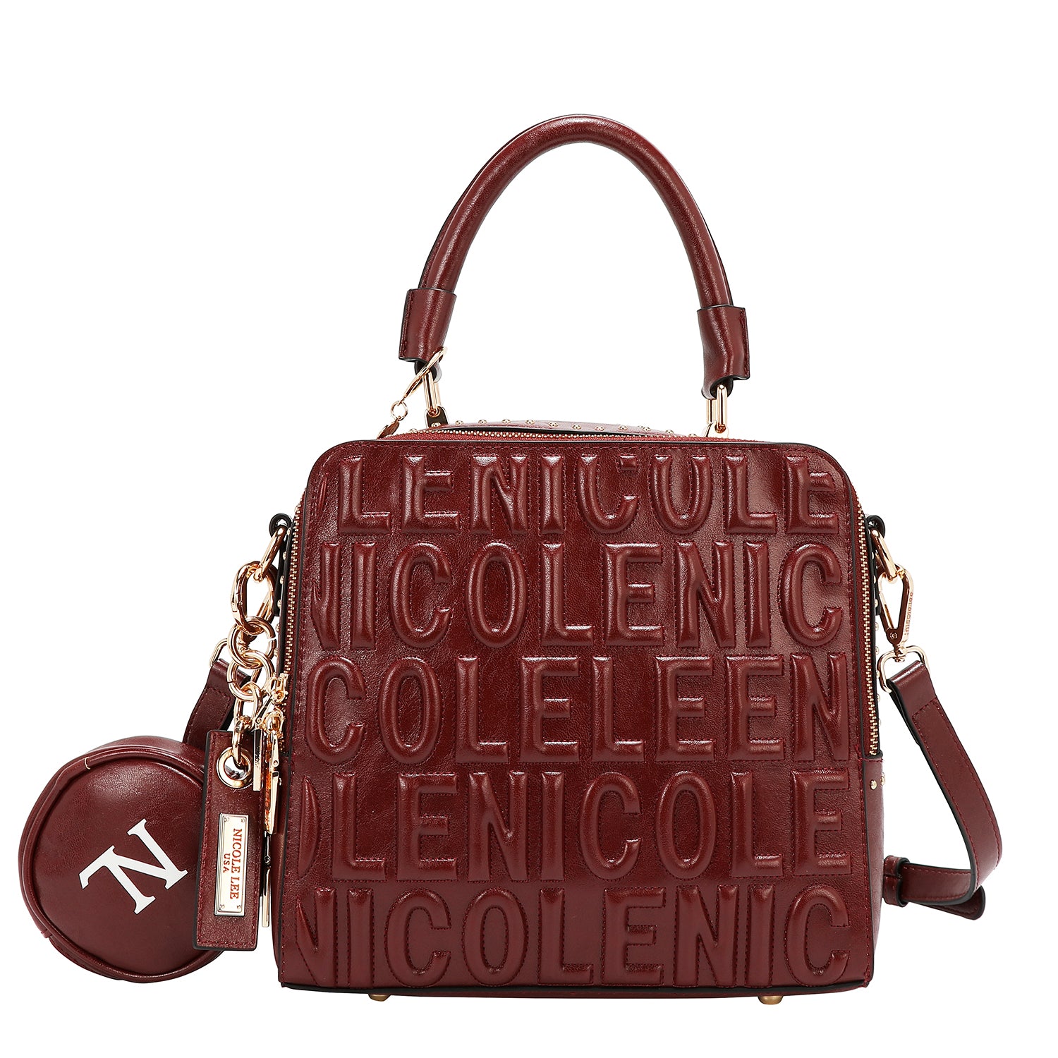 BOLSO DE MANO CUADRADO CON LOGOTIPO EN RELIEVE (VINO)
