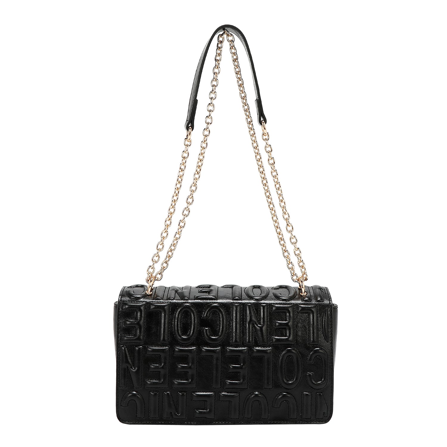 BOLSO DE HOMBRO CON CADENA Y LOGO EN RELIEVE (NEGRO)