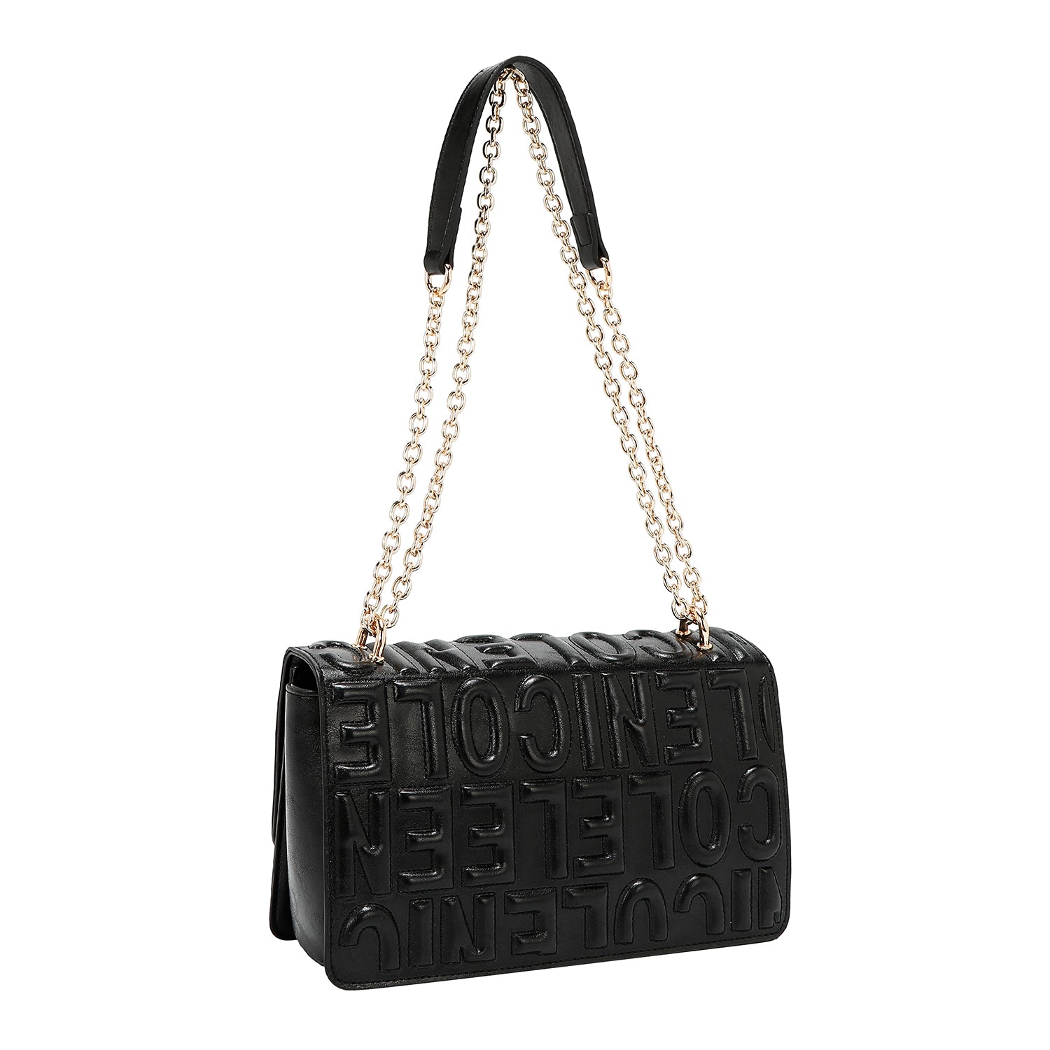 BOLSO DE HOMBRO CON CADENA Y LOGO EN RELIEVE (NEGRO)