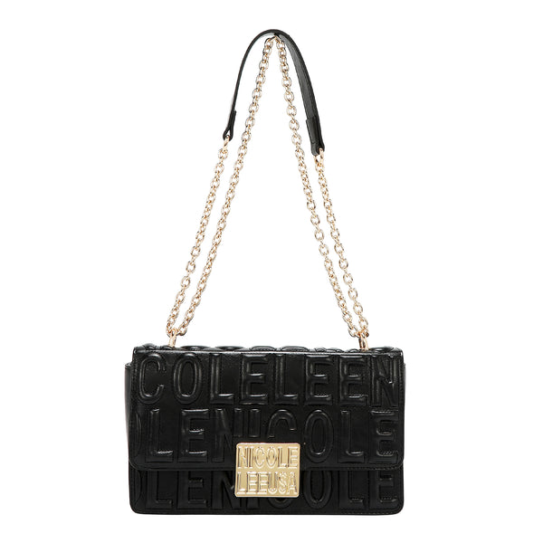 BOLSO DE HOMBRO CON CADENA Y LOGO EN RELIEVE (NEGRO)