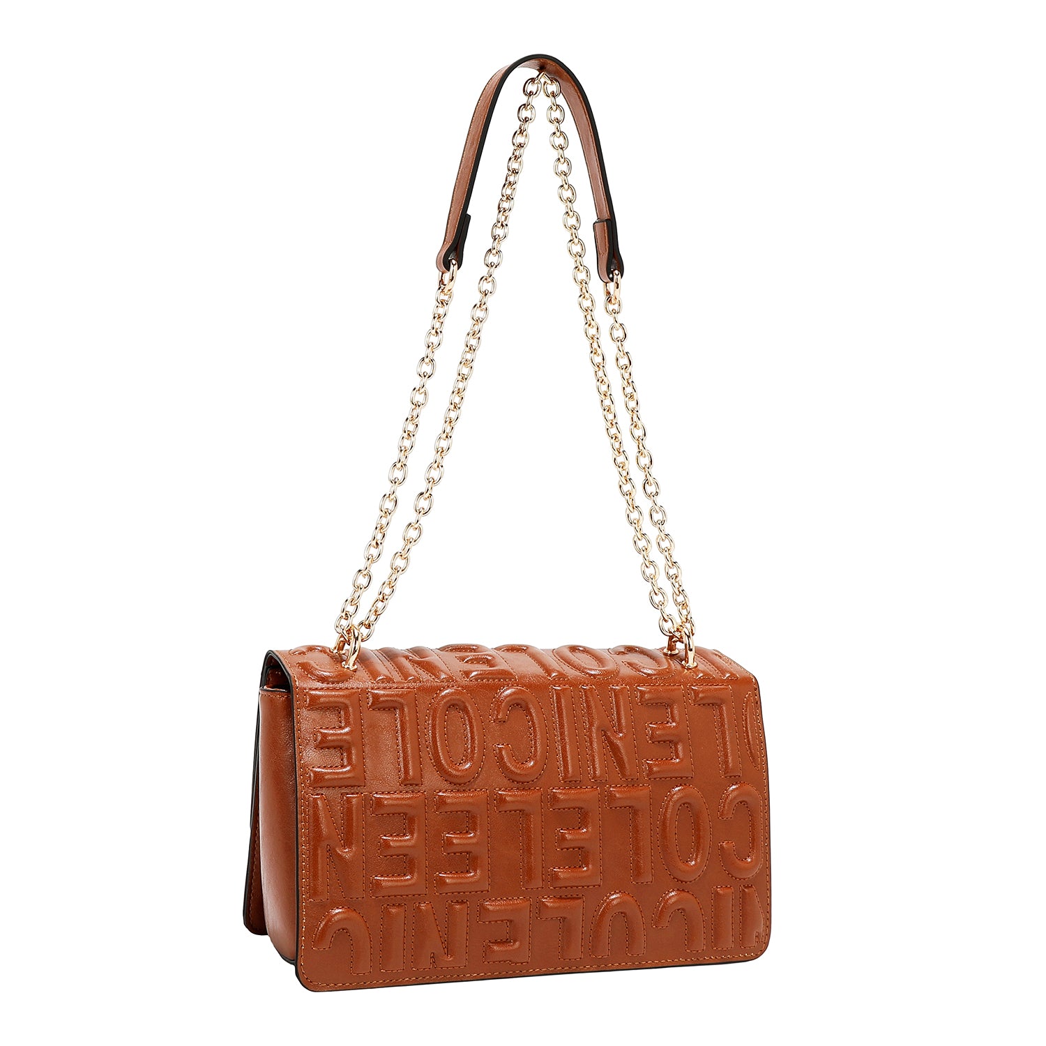 BOLSO DE HOMBRO CON CADENA Y LOGO EN RELIEVE (MARRON)