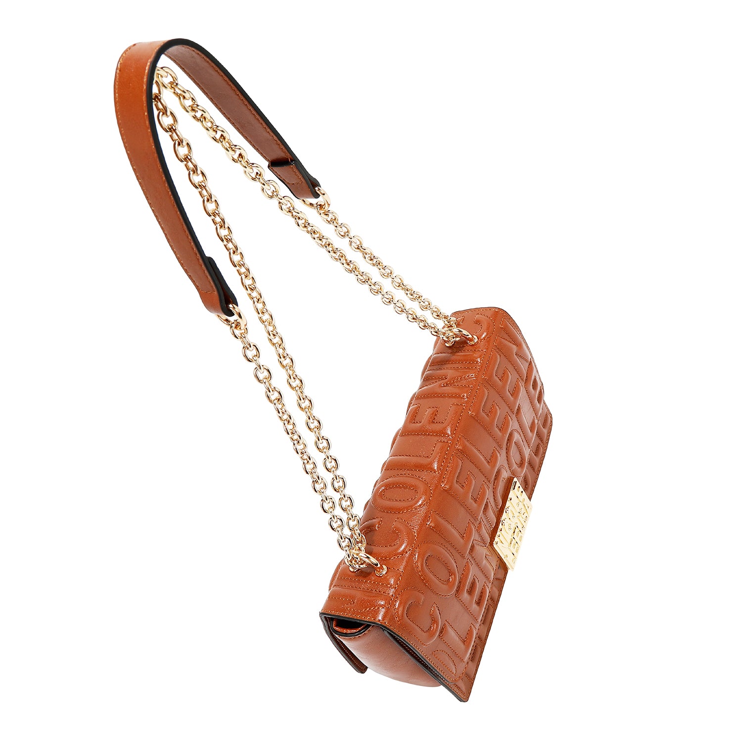 BOLSO DE HOMBRO CON CADENA Y LOGO EN RELIEVE (MARRON)
