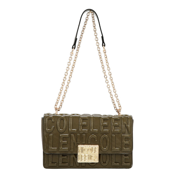 BOLSO DE HOMBRO CON CADENA Y LOGO EN RELIEVE (OLIVA)