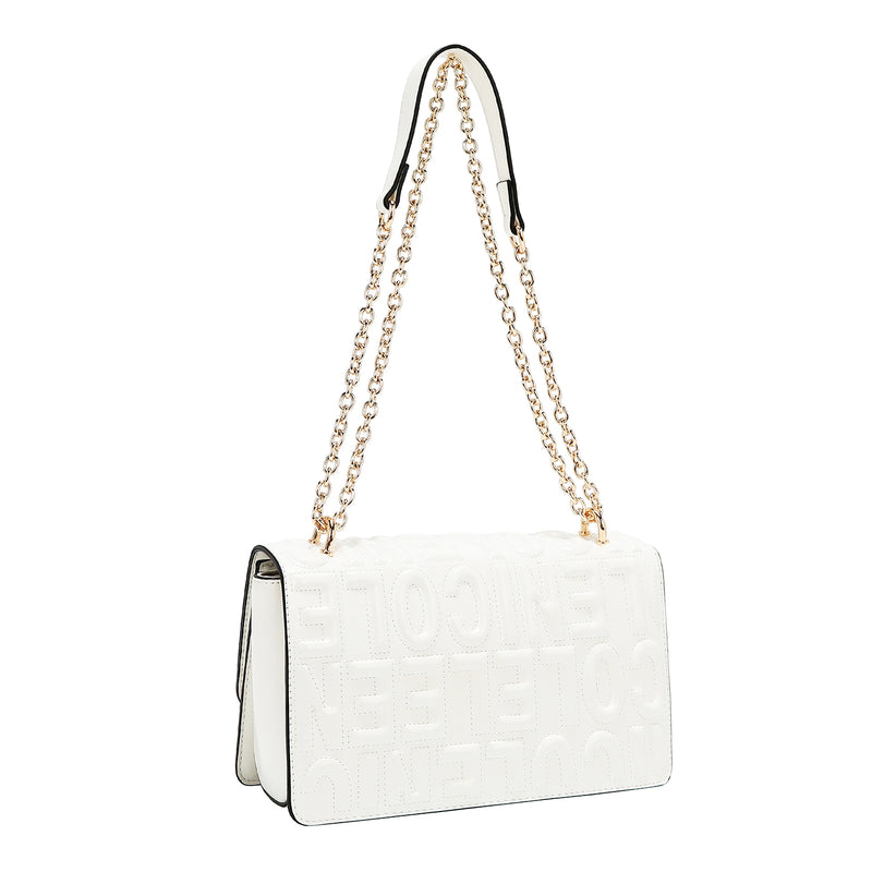 BOLSO DE HOMBRO CON CADENA Y LOGO EN RELIEVE (BLANCO)