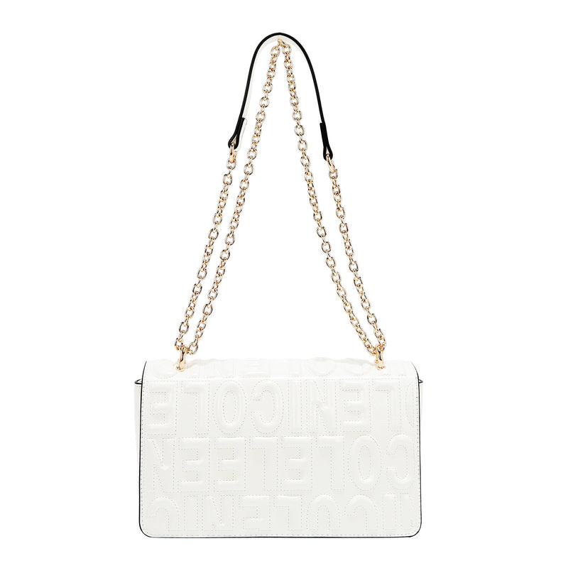 BOLSO DE HOMBRO CON CADENA Y LOGO EN RELIEVE (BLANCO)
