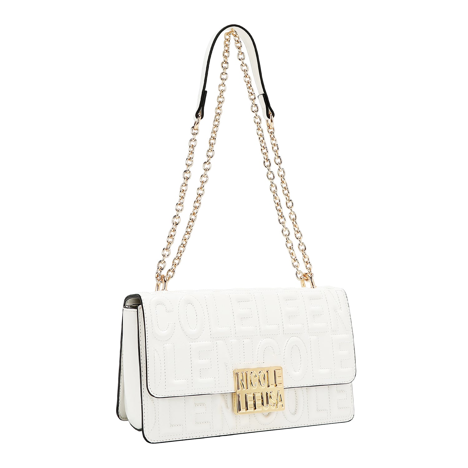 BOLSO DE HOMBRO CON CADENA Y LOGO EN RELIEVE (BLANCO)