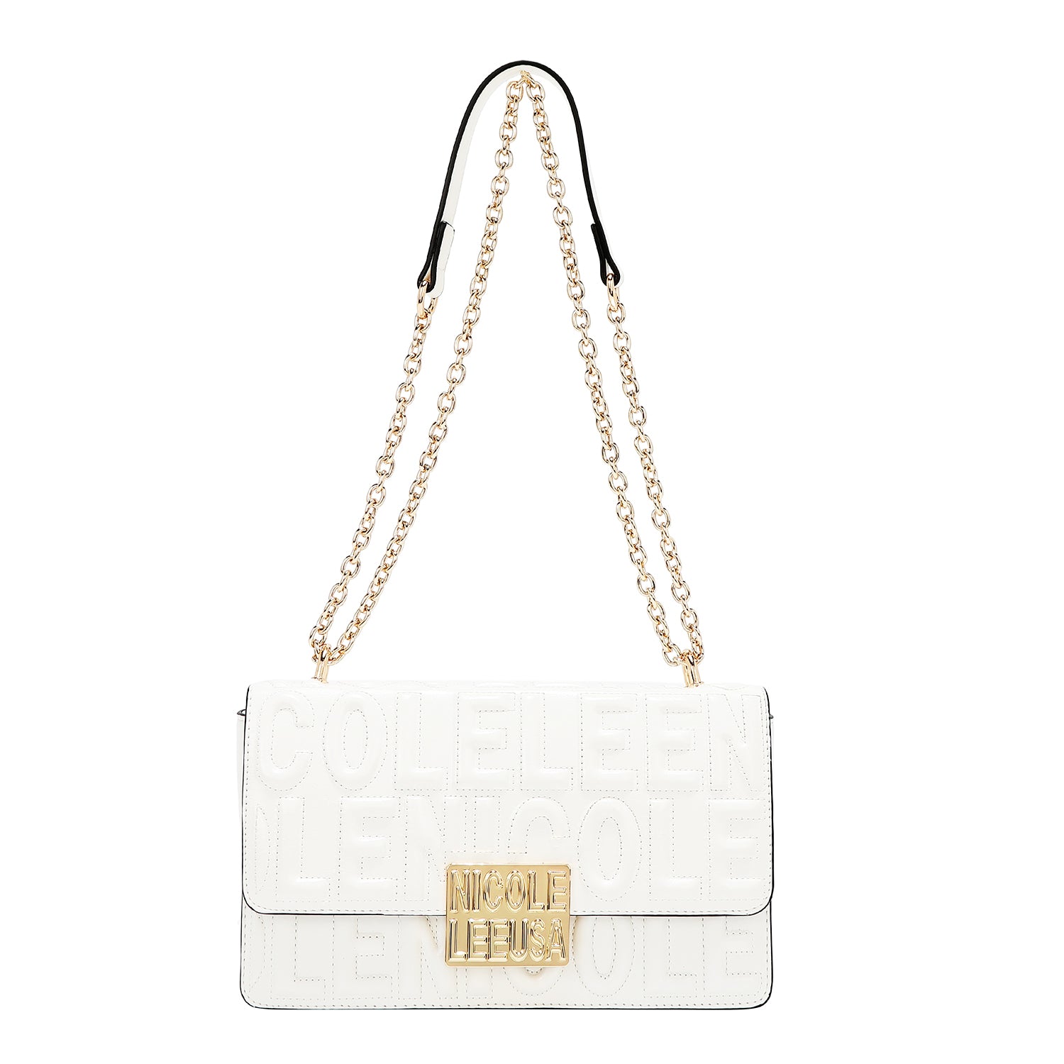 BOLSO DE HOMBRO CON CADENA Y LOGO EN RELIEVE (BLANCO)