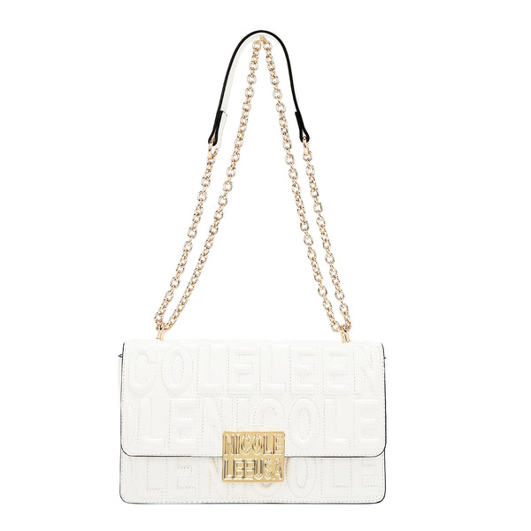 BOLSO DE HOMBRO CON CADENA Y LOGO EN RELIEVE (BLANCO)