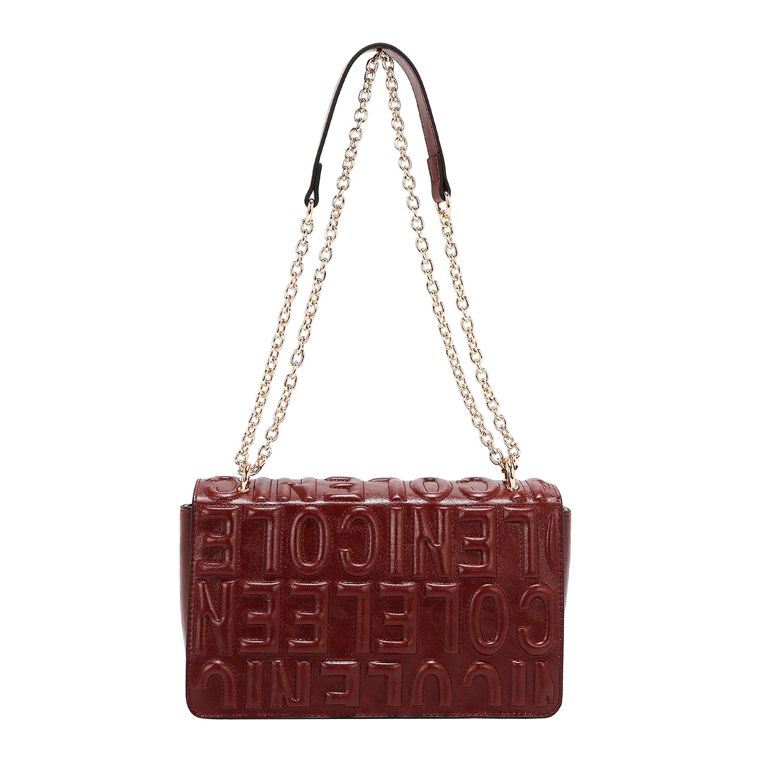BOLSO DE HOMBRO CON CADENA Y LOGO EN RELIEVE (VINO)