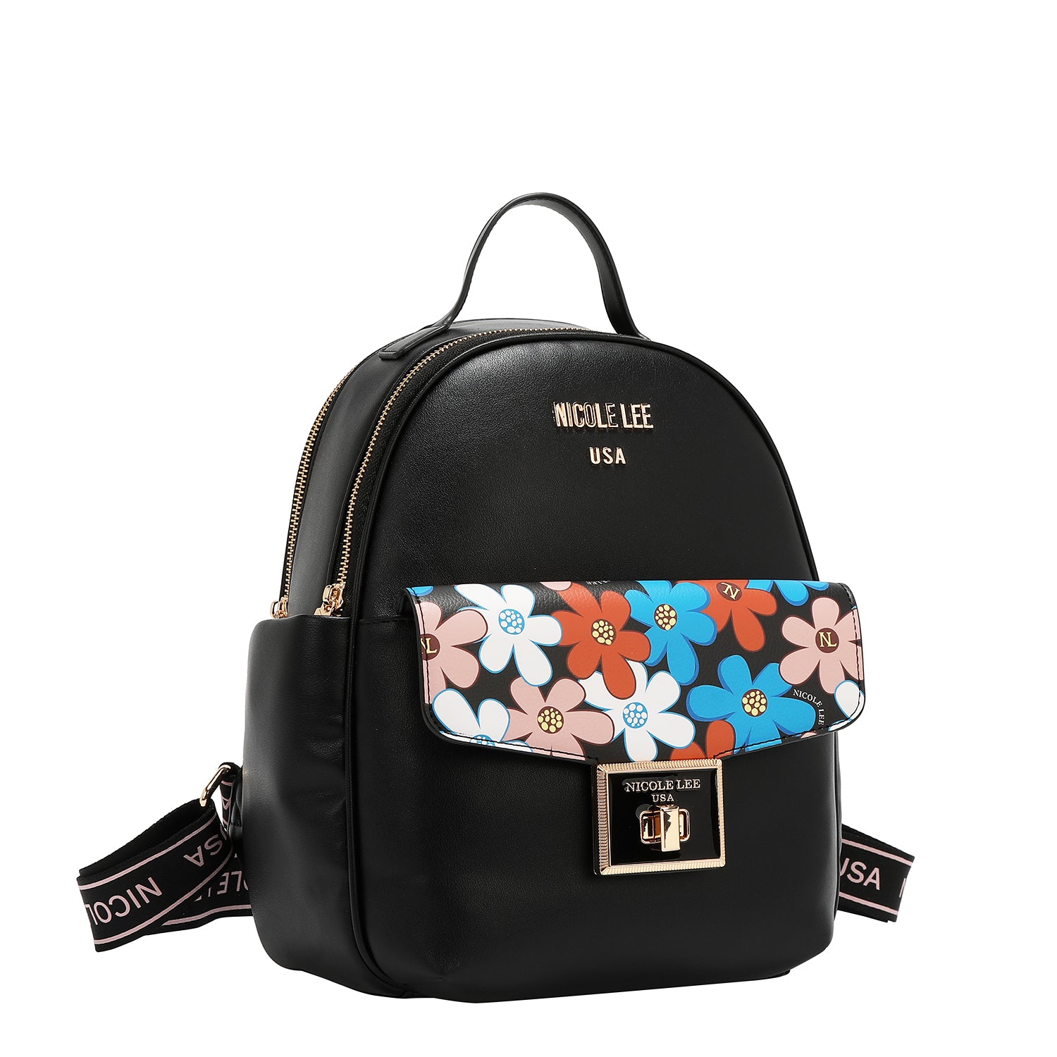 MOCHILA CON SOLAPA POP FLORAL (NEGRO)