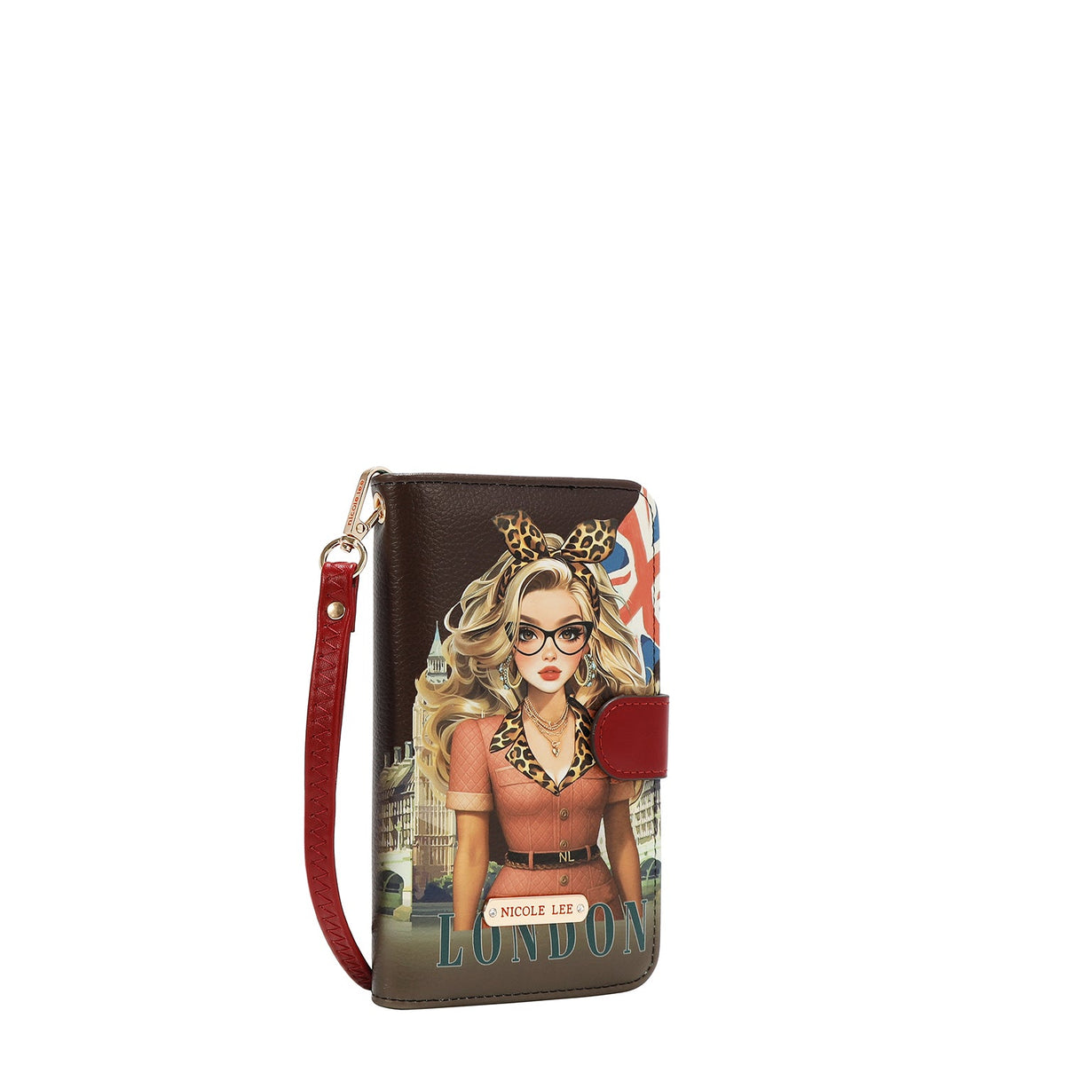 FUNDA DE TELÉFONO Y CARTERA CON LA FIRMA DE NL CON CORREA (LONDON EYE-MARRON)