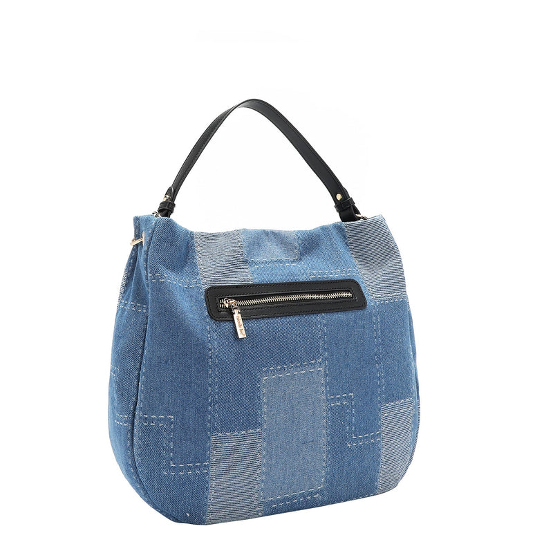 Back view of our denim hobo Bag in our Nicole Lee Bosque de Amor design with black handles and Cotton denim exterior with faux vegan leather accents.