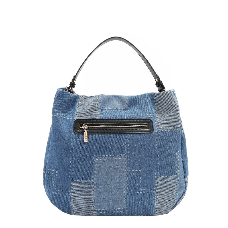Back view of our denim hobo Bag in our Nicole Lee Bosque de Amor design with black handles and Cotton denim exterior with faux vegan leather accents.