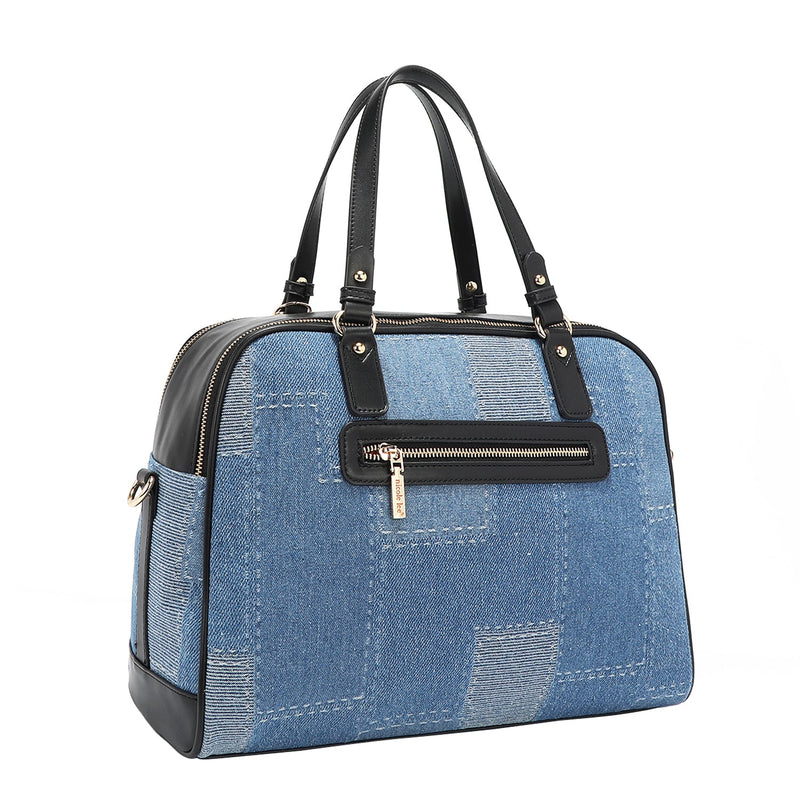 Back view of our denim satchel Bag in our Nicole Lee Bosque de Amor design with black handles and Cotton denim exterior with faux vegan leather accents.