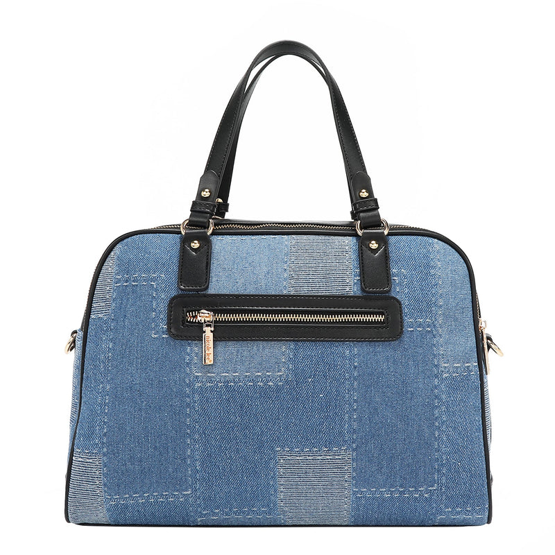 Back view of our denim satchel Bag in our Nicole Lee Bosque de Amor design with black handles and Cotton denim exterior with faux vegan leather accents.