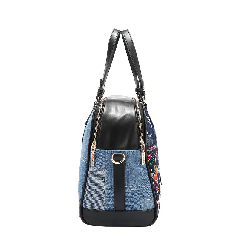 Our denim satchel Bag in our Nicole Lee Bosque de Amor design with black accents set on a white background