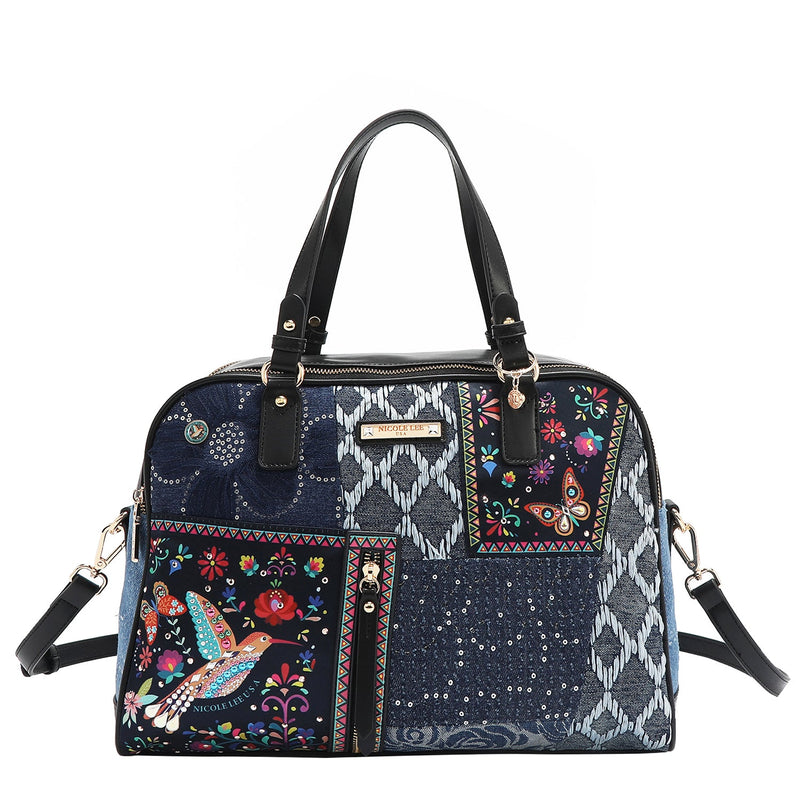 Our denim satchel Bag in our Nicole Lee Bosque de Amor design with shoulder strap. 
