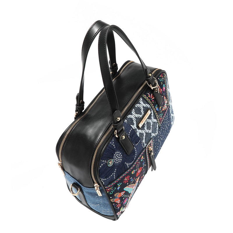 Top angle of the Bosque De Amor denim Satchel bag.