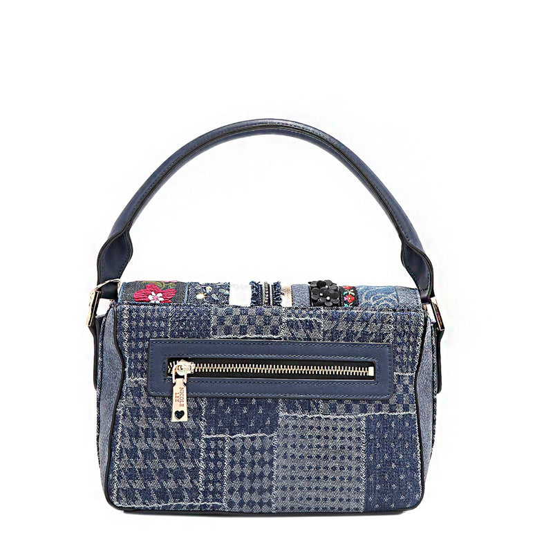 BAG WITH FLAP AND FLORAL PATCH (BLUE)