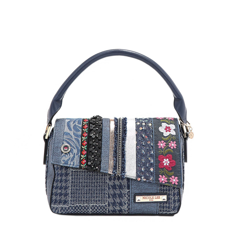 BAG WITH FLAP AND FLORAL PATCH (BLUE)