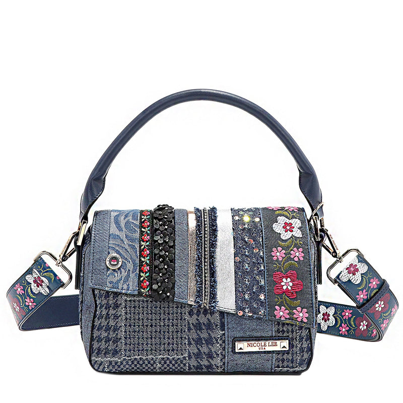 BAG WITH FLAP AND FLORAL PATCH (BLUE)