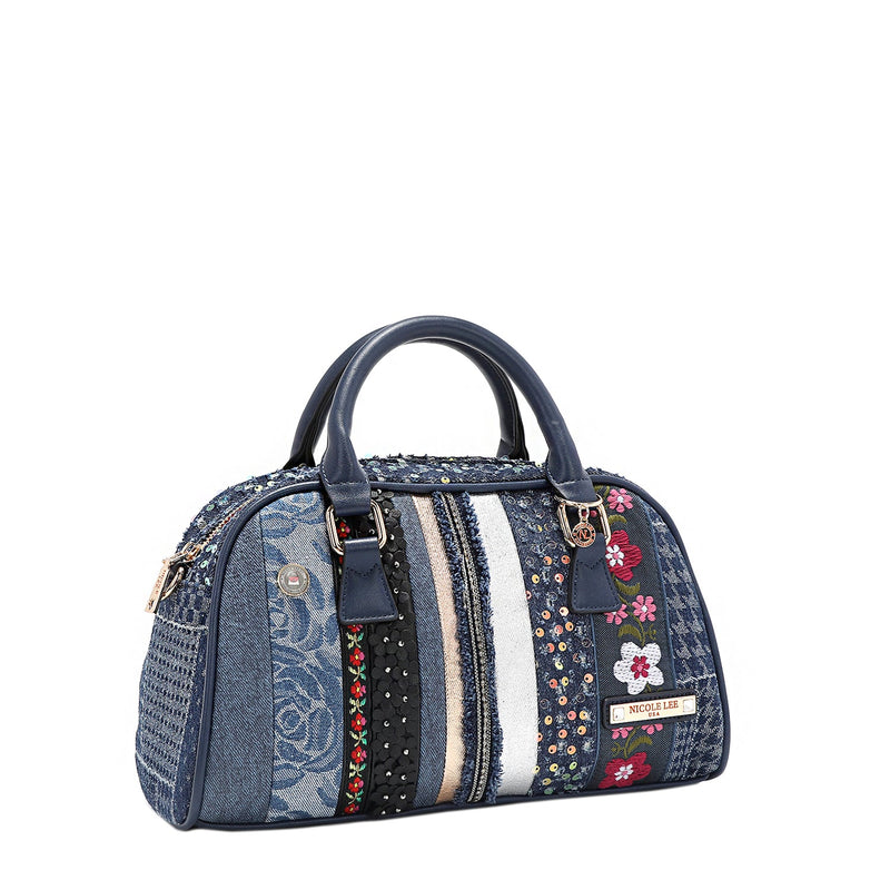 MINI BOWLING BAG WITH FLORAL PATCH (BLUE)