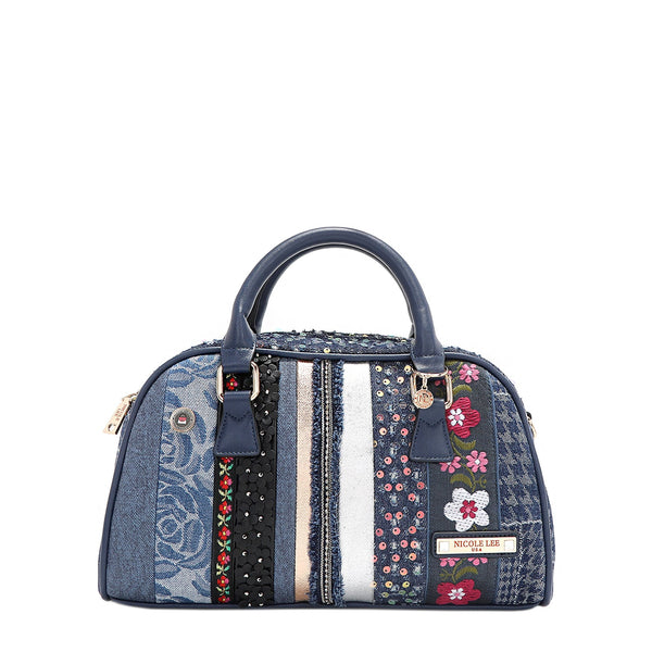 BOLSO MINI BOWLING CON PARCHE FLORAL (AZUL)